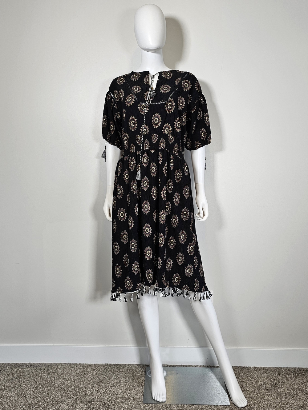 POL Black Midi Dress with Neutral Sunburst Print Sz S